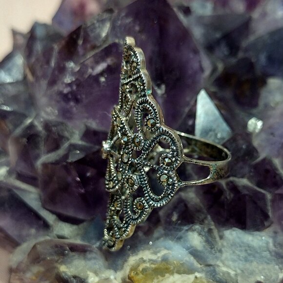 Sterling Silver Marcasite Filigree Ring - Picture 5 of 10